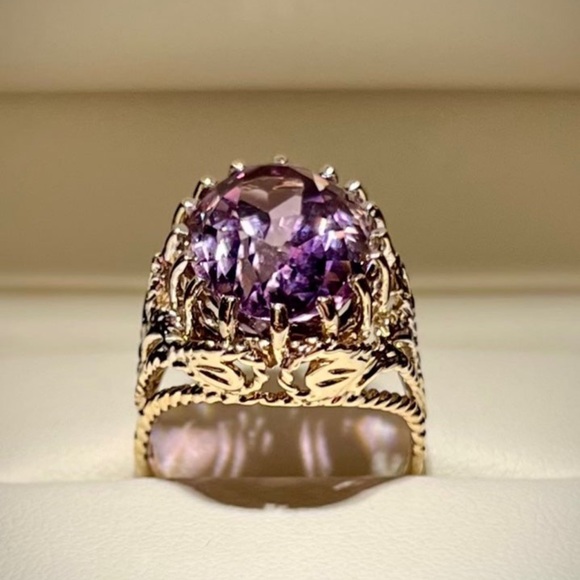 Vintage Estate Giant Amethyst Ring Solid 14k Gold caged prongs Filigree Ring 14K - Picture 12 of 16